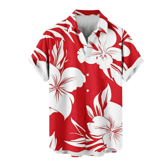 New summer arrivals SSAAVKUY Men's Short Sleeve Hawaiian Shirt Loose Fit, Floral Print Tropical Party Beach Button Down Aloha Shirt Red S
