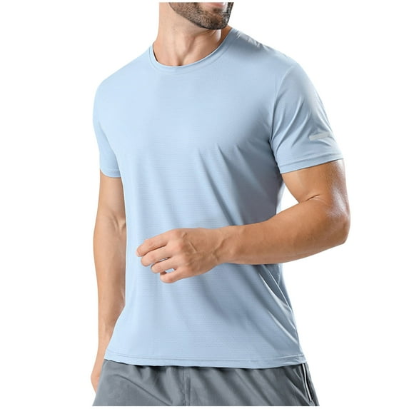 New summer arrivals SSAAVKUY Men's Short Sleeve Workout Shirts Quick Dry Athletic Gym Slim Fit Cotton Crewneck Shirts Sports Basic Tees Light Blue XL
