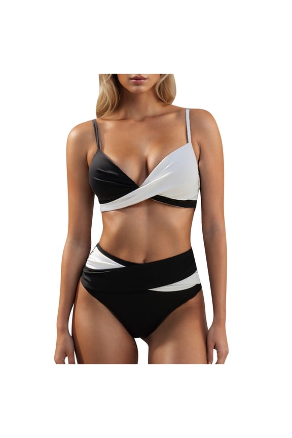 New summer arrivals UTSJKR Bikini Set for Women Tummy Control Bathing Suits Color Block Modest High Waisted Bikini Sets Cute Halter V Neck 2 Piece Swim Suit Black S