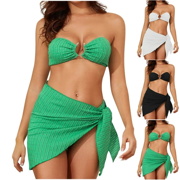 New summer arrivals UTSJKR Women's Strapless Bandeau Bikini Sets with Coverup Wrap Sarong Cheeky Swimsuits Beach Sexy 3 Piece Bathing Suits Black M