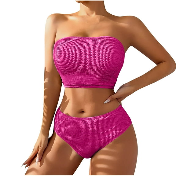 New summer arrivals UTSJKR Women's Two Piece Bandeau Swimsuit Ribbed Strapless Tube Bikini Top with Mid Waist Cheeky Bottom Bathing Suit Hot Pink M