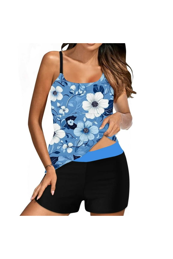 New summer arrivals UTSJKR Womens Swimsuits Tankini with Shorts Loose Fit Blouson Bathing Suits 2 Piece Boho Floral Print Hawaiian Swimwear Blue XL