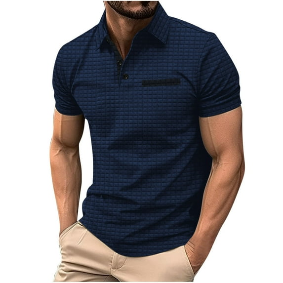 New summer arrivals YLSDY Men's Button Collared Shirts 2025 Short Sleeve Casual Button Collared T Shirt Color Block Slim Fit Golf Shirts with Pocket Navy L