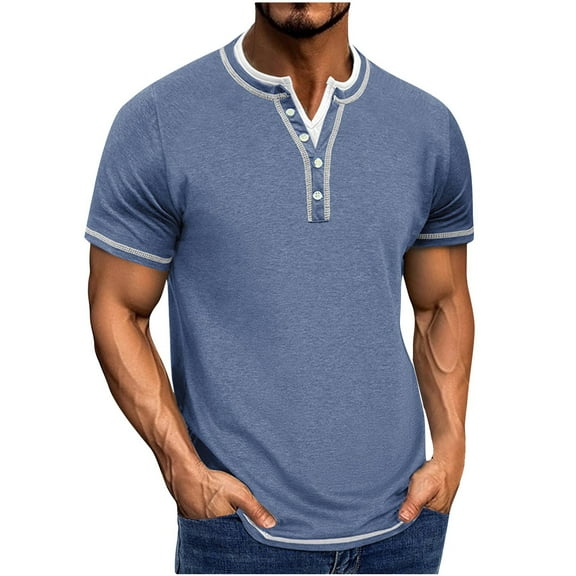 New summer arrivals YLSDY Mens Henley Shirts Stylish Short Sleeve T-Shirts Color Block Casual Collarless 3 Button V Neck Tees Light Blue S