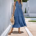 thumbnail image 1 of New summer style simple midi dress with buttons, solid color, V-neck, sleeveless design, 1 of 5