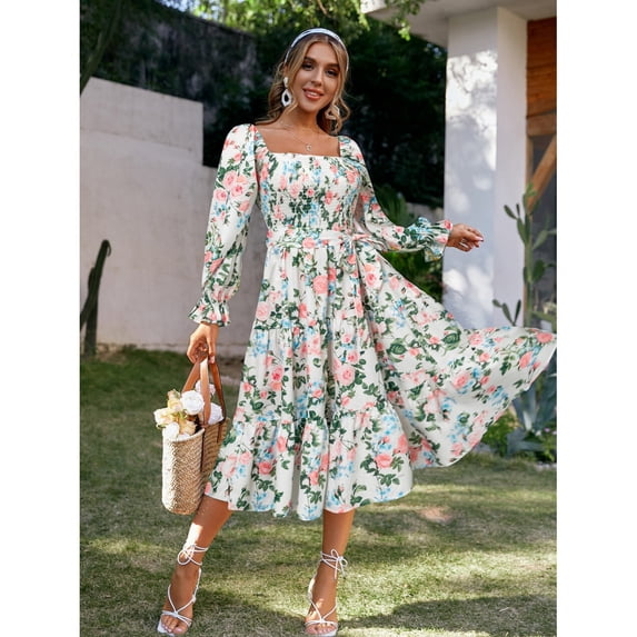 New summer style square neck flared long sleeve high waist dress loose maxi skirt