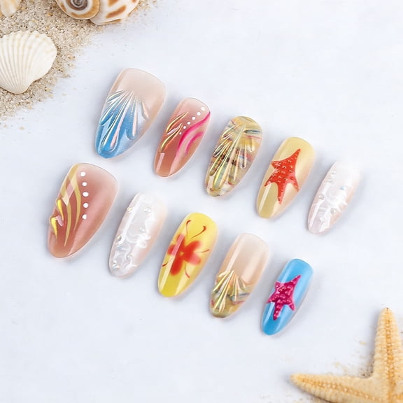 New summer tropical island style press-on nails, 3D embossed starfish & seashell design, premium almond-shaped, detachable nail art, 30 pieces