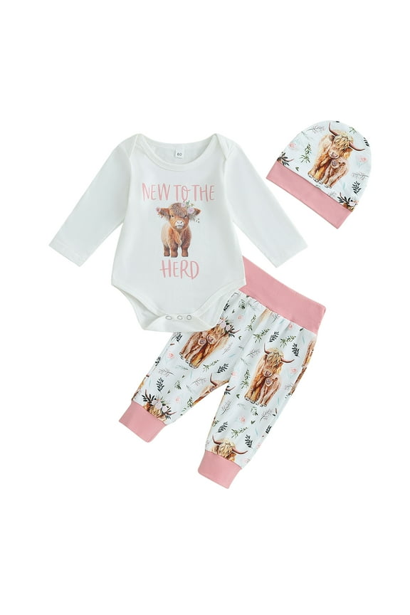 New to The Herd Newborn Boy Girl Bodysuit Onesie Highland Cow Jogger 3M 6M 12M 18M Pants Hats Western Coming Home Fall Outfit
