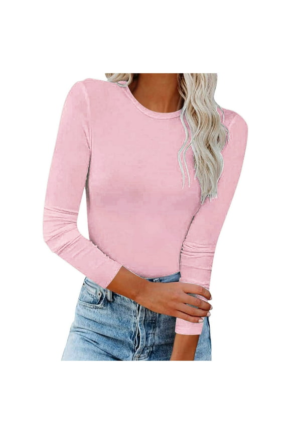 New & trending Womens Tops Long Sleeve Women's Fall Fashion Long Sleeve Stretch Slim Fitted Sexy Basic Tee T-Shirt Blouse Solid Tops, Pink XXL