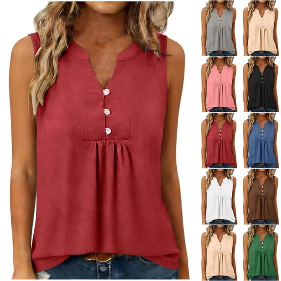 New trending & for spring GaThRRgYP Crewneck Tee,Women's Solid Color Casual Button V-Neck Sleeveless Loose T-Shirt Tops Green M