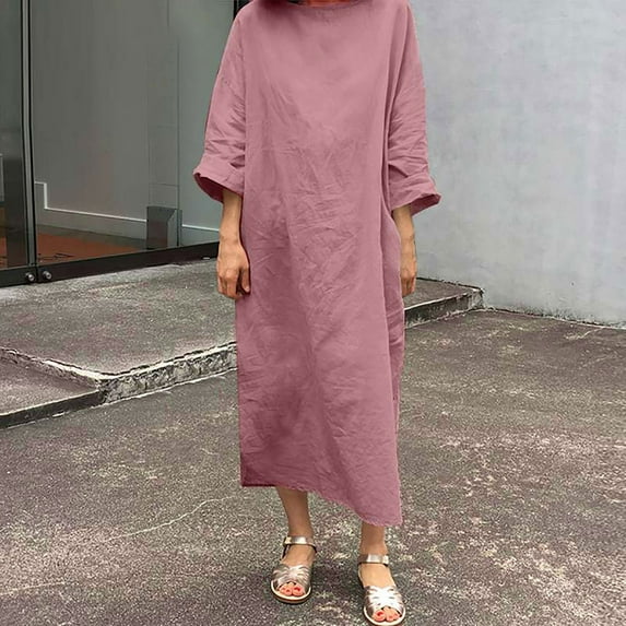 GaThRRgYP Midi Dresses for Women,Women's Fashion Cotton and Linen Crewneck Loose Short Sleeve Solid Mid-Claf Dress