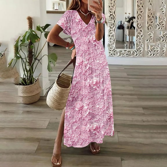 New trending & for spring GaThRRgYP Summer Short Sleeve Dress,Womens Spring and Summer V-Neck Solid Casual Short Sleeved Long Dress Pink S