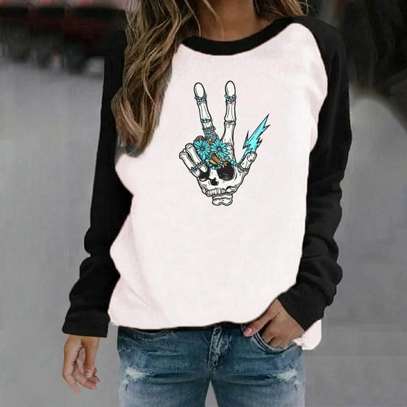 GaThRRgYP Summer Tops for Girls,Women's Halloween Printed Round Neck Long Sleeved Oversized Sweatshirt Black S