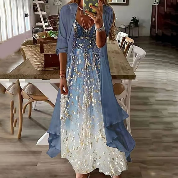 GaThRRgYP Sundresses for Women,Women's Summer 3/4 Sleeve Smock + Dress Two Piece Set Long Dress Beach Maxi Dress