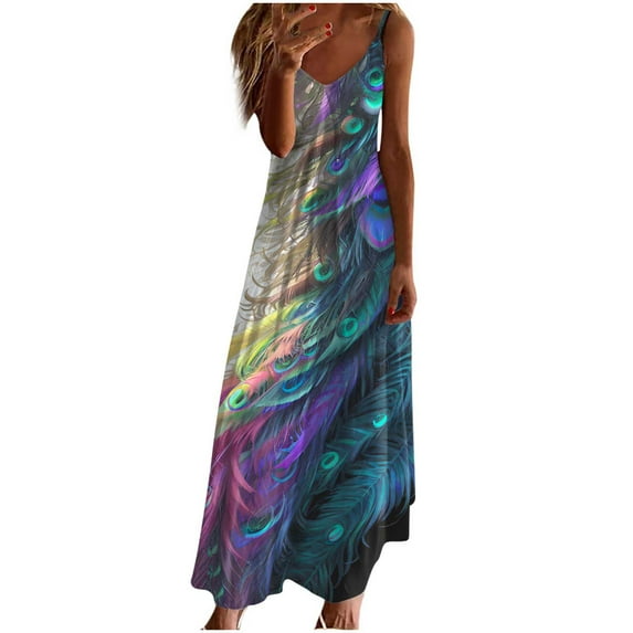GaThRRgYP Womens Dresses Summer,Summer Dresses for Women Print Sleeveless Round Neck Dress Casual Dresses