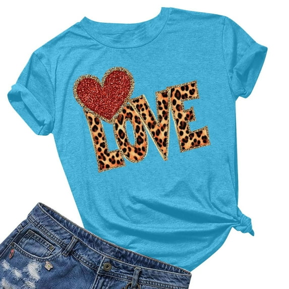 New trending & for spring GaThRRgYP T Shirts for Women Tops Summer,Women's Lover Printed T-shirt Round Neck Short Sleeved Blue L
