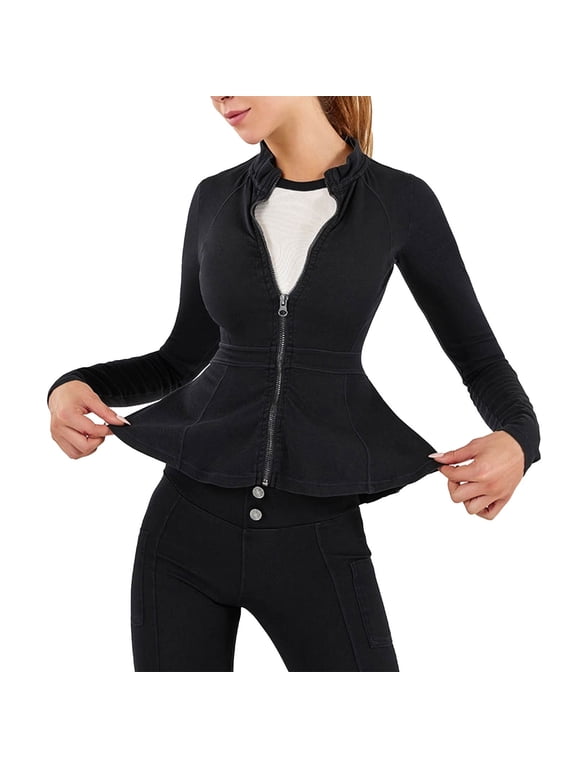 New trending & for spring GaThRRgYP Womens Coats Plus Size,A Type Of Denim with A Round Neck Long Sleeves and Solid Color Lace Hem for Women Black M