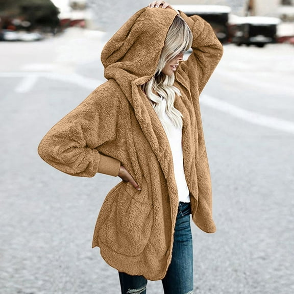 New trending & for spring GaThRRgYP Womens Jackets Trendy,Women's Oversized Open Front Hooded Draped Pockets Cardigan Coat Khaki S
