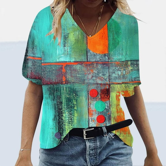 New trending & for spring GaThRRgYP Womens Tops Plus Size,Women's Loose Casual Short Sleeve V Neck T Shirts Printed Tshirts Blouses Green XXXL