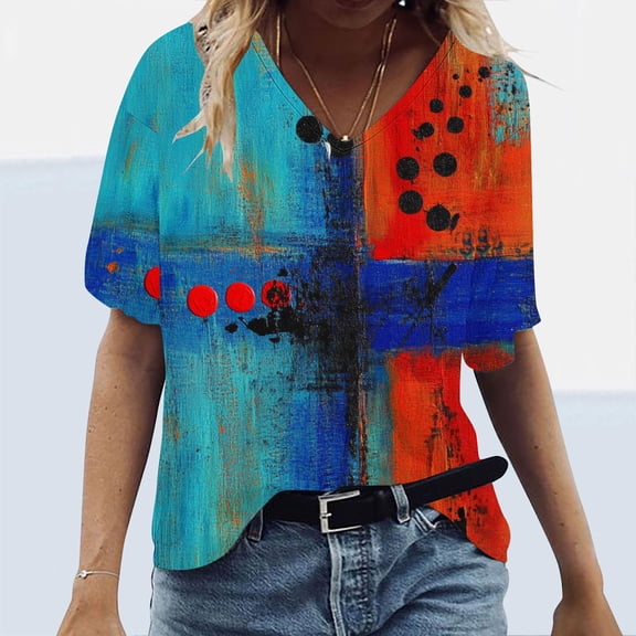 New trending & for spring GaThRRgYP Womens Tops Summer and Spring,Women's Loose Casual Short Sleeve V Neck T Shirts Printed Tshirts Blouses Red L