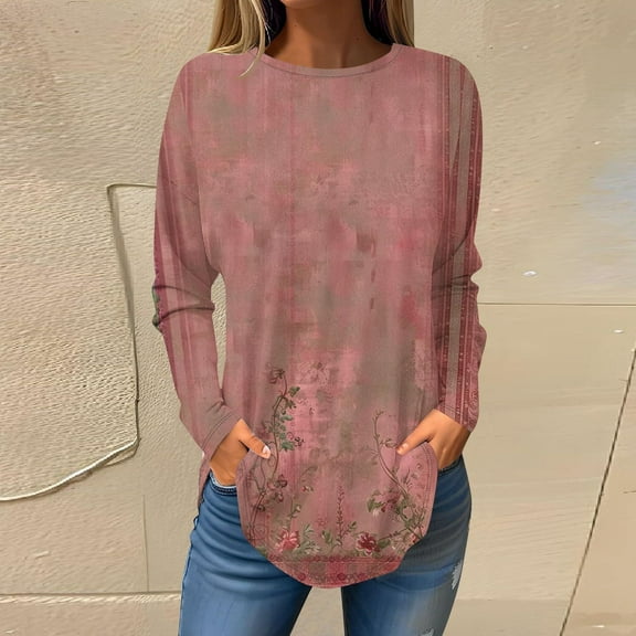 New trending & for spring Viikei Blouse for Women Dressy Casual,Women's Long-sleeved Crew-neck Drop Shoulder Casual Printed Multicolor L