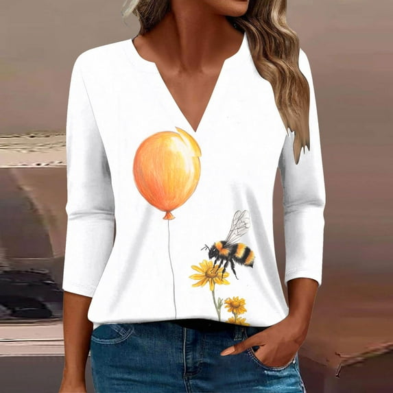 New trending & for spring Viikei Blouse for Women Plus Size,Women's Casual Printed Long Sleeve V-neck White XXXL