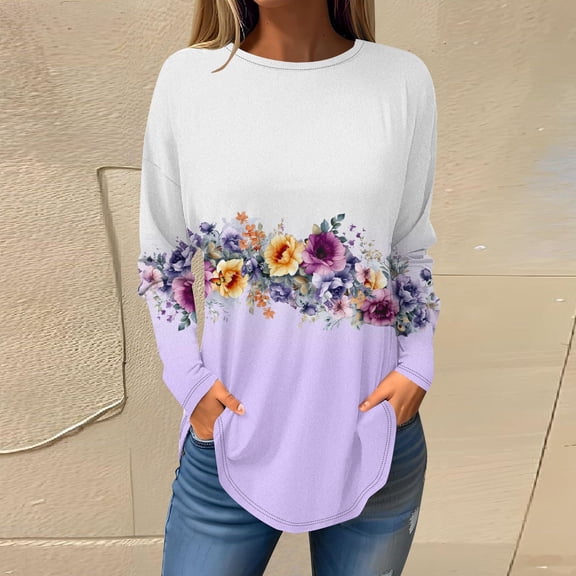New trending & for spring Viikei Plus Size T Shirts for Women,Women's Long-sleeved Crew-neck Drop Shoulder Casual Printed White S