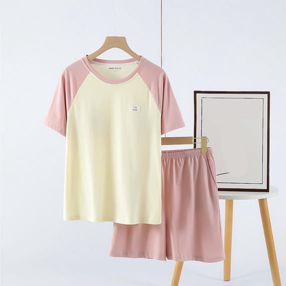 New trending & for spring Viikei Womens Capri Set Sleepwear,Women's Casual Loose with Chest Cushion Round Neck Short Sleeve Shorts Set Pink XL