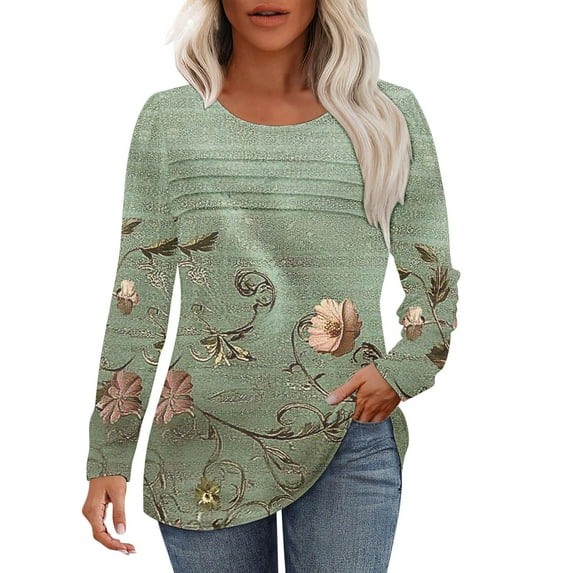 New trending & for spring Viikei Womens Tops Dressy Blouse,Women's Spring/Summer Floral Printed Round Neck Long Sleeve T-shirt Green S