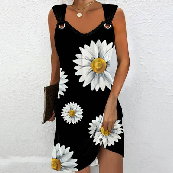 New trending & for spring GaThRRgYP Beach Wedding Guest Short Sleeve Crew Neck Dress-Elegant,Women's Printed Round Neck Casual Sleeveless Suspender Dress