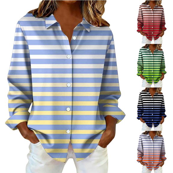 New trending & for spring GaThRRgYP Button Up Shirts for Women,Women's Long Sleeve Striped Daily Print Button-Up Flared Collar Shirt Fashion Loose Casual Top Green XXXXL
