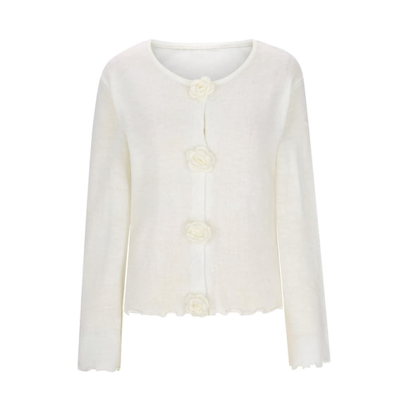 New trending & for spring GaThRRgYP Crochet Sweater Cardigans Womens New,Fashion Women's Solid Color Round Neck Three-Dimensional Rose Knitted Casual Sweater Top White S