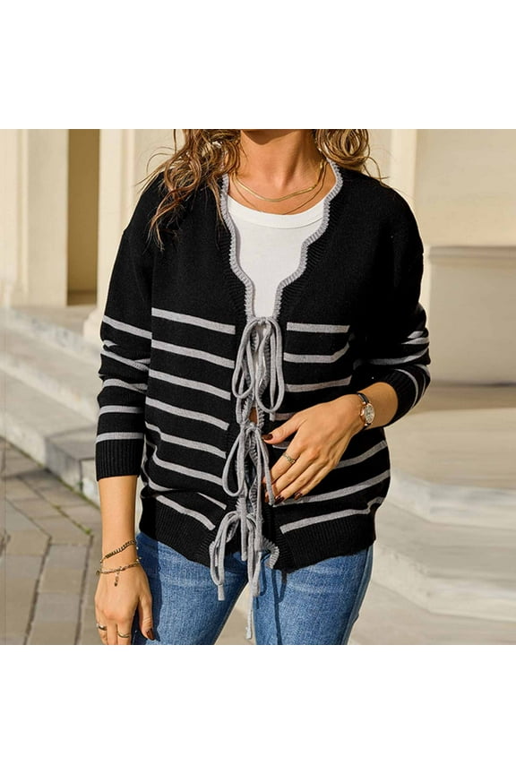 New trending & for spring GaThRRgYP Crochet Sweater Cardigans Womens New,Women Striped Patchwork Knitted Sweater with Long Sleeved Sweater Cardigan Jacket Top Black S