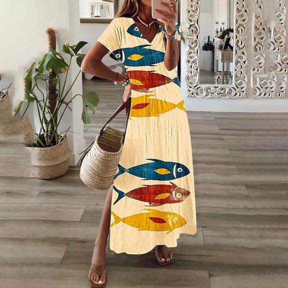 GaThRRgYP Dresses for Women 2025 Elegant Classy,Womens Spring and Summer V-Neck Solid Casual Short Sleeved Long Dress Beige S