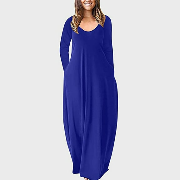 GaThRRgYP Dresses for Women 2025 Casual Spring,Women's Sexy Solid Long Dress O-neck with Pockets Long Sleeve Dress Blue XL
