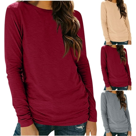 New trending & for spring GaThRRgYP Plus Size Womens Tops,Women's Winter Solid Color Long Sleeved Base Top with Round Neck Casual T-shirt and Pullover Wine XL