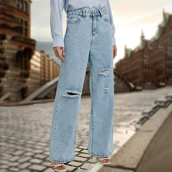 New trending & for spring GaThRRgYP Wide Leg Cargo Pants for Women,Women's High Waisted Straight Pocket Hole Short Pants Street Trendsetters Broken Straight Tube Perforated Denim Pants Light Blue L