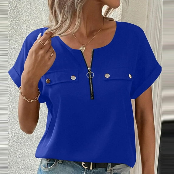 New trending & for spring GaThRRgYP Women's Floral Print Short Sleeve Top,Women's Casual Oversize Solid V-Neck Hooded Short Sleeve Blouse T-shirt Top Blue M