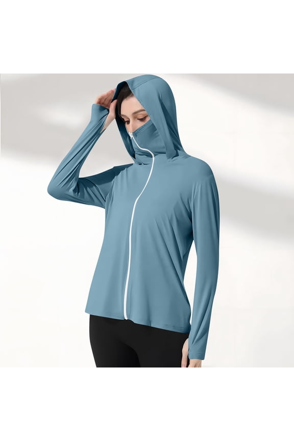 New trending & for spring GaThRRgYP Womens Jackets and Coats Plus Size,Ladies Solid Color Long Sleeve Hooded Thumb Buckle Sun Protection Clothing Sky Blue S