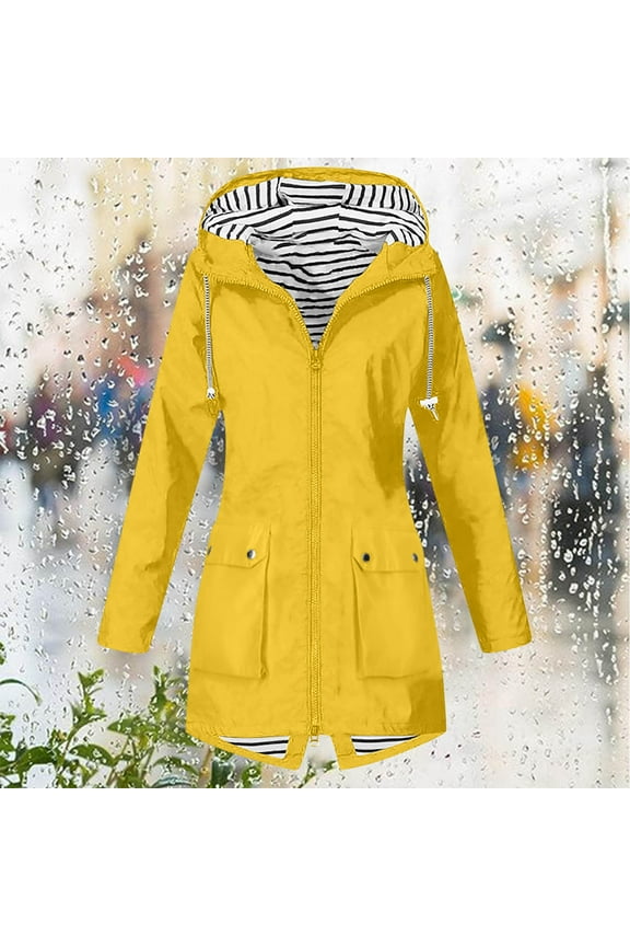 New trending & for spring GaThRRgYP Coats for Women Plus Size,Women Solid Color Rain Jacket Outdoor Hooded Windproof Loose with Pocket Coat Yellow XL