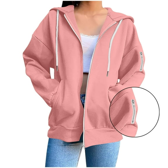 New trending & for spring GaThRRgYP Plus Size Womens Clothes,Women's Fashion Loose Long Sleeve Casual Blouses Zipper Pocket Hooded Weatshirt Top Pink S