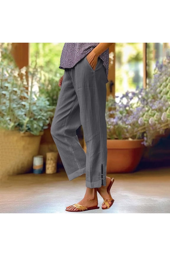 New trending & for spring LEBONYARD Linen Pants Women,Fashion Women Summer Bandage Elastic Waist Comfortable Pocket Pants Casual Detailed Side Button Solid Pant Gray M