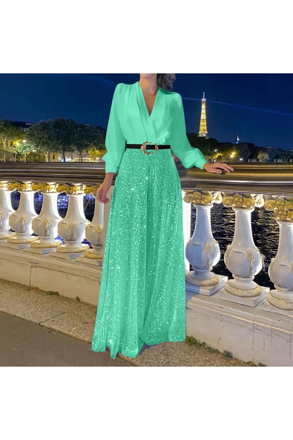 New trending & for spring LEBONYARD Women's Overalls in Bold Colors,Woman Fashion Sequin Solid Color Splice V- Sleeve Long Sleeve Jumpsuit Long Pants Mint Green XXXL