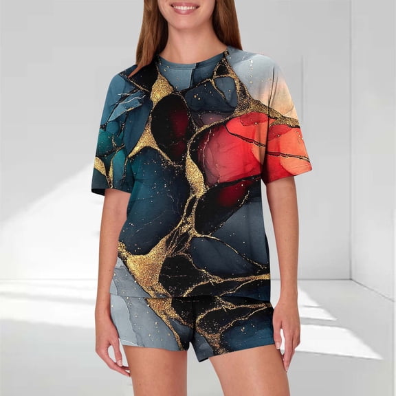 New trending & for spring Viikei Summer Sets Women 2 Piece Outfits,Women's Casual Loose Printing Round Neck Short Sleeved Shorts Pajamas Suit Multicolor L
