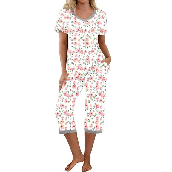 New trending & for spring Viikei Summer Two Piece Outfits Set for Women,Women V-neck Short Sleeved Pajamas and Pants Set Casual Pajamas with Pockets Pink M