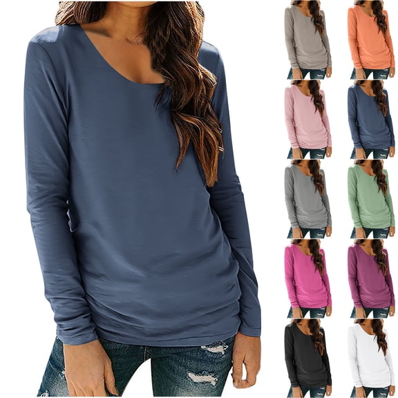 New trends for her GaThRRgYP Tops for Women Crew Neck Long Sleeve Shirts,Women's Solid Color Long Sleeved Base with Round Neck Casual T-shirt and Pullover White XL