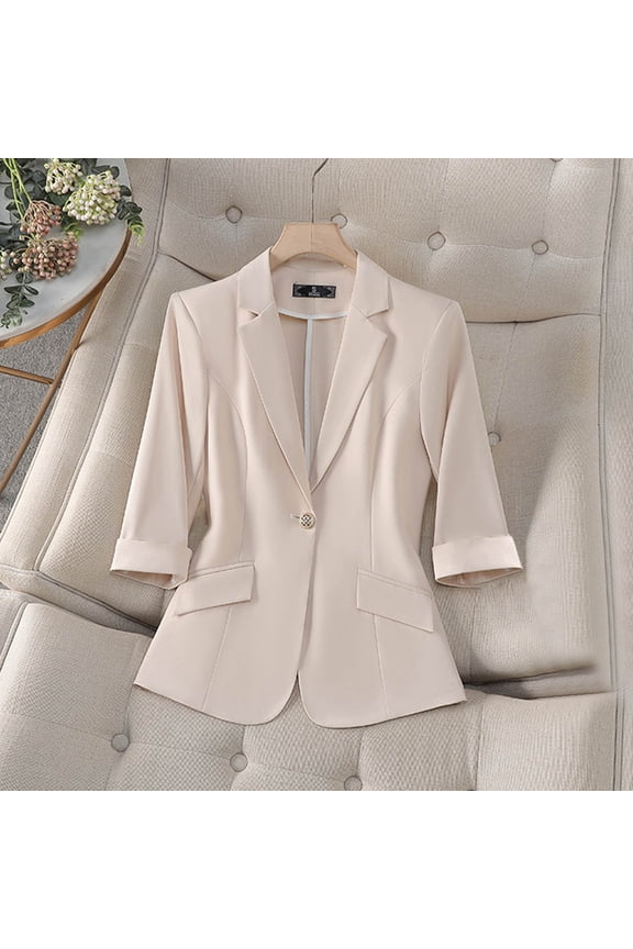 New trends for her GaThRRgYP Womens Blazers Dressy Casual,Women's Fashion Casual Solid Color Pocket Turndown Collar 3/4 Sleeve Blouse Blazer Beige XXXXL