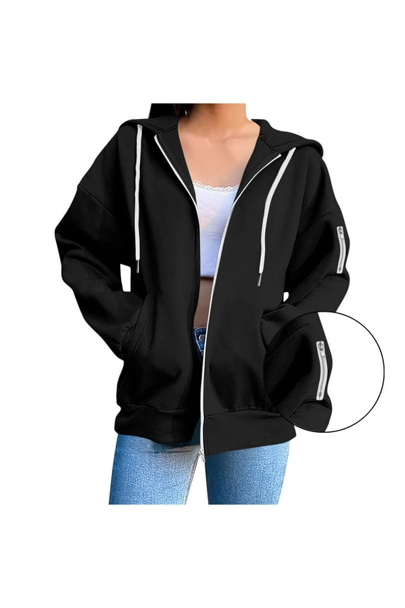 New trends for her GaThRRgYP Womens Coats and Jackets Plus Size,Women's Fashion Loose Long Sleeve Casual Blouses Zipper Pocket Hooded Weatshirt Top Black L