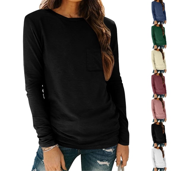 New trends for her GaThRRgYP Long Sleeve T Shirts for Women Loose Fit,Women's Solid Color Crew-Neck Long-Sleeved Baggy Top with Pockets Khaki M