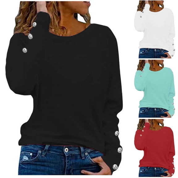 New trends for her GaThRRgYP Plus Size Tops,Women's Solid Color Button Off Shoulder Fashion Long Sleeve Top Mint Green XXL